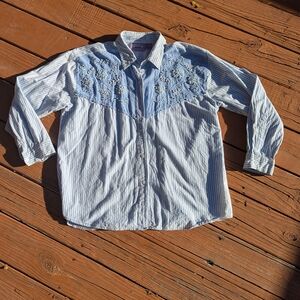 Premier Light Blue and White Striped Shirt with Embroidery